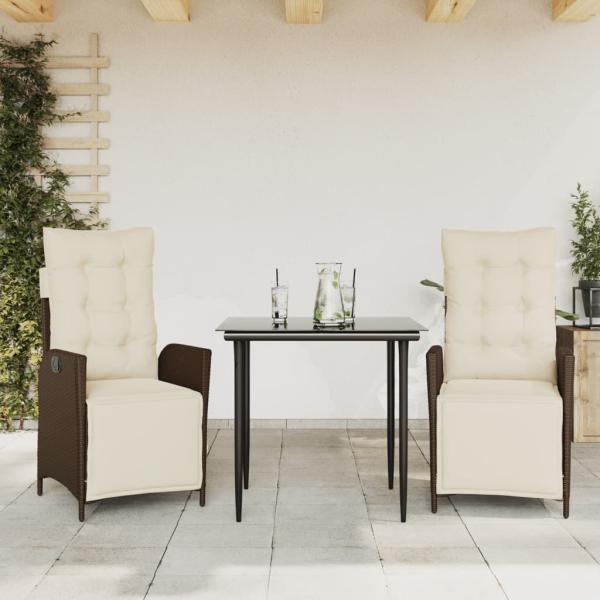 ARDEBO.de - 3-tlg. Garten-Essgruppe mit Kissen Braun Poly Rattan