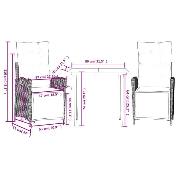 3-tlg. Garten-Essgruppe mit Kissen Braun Poly Rattan