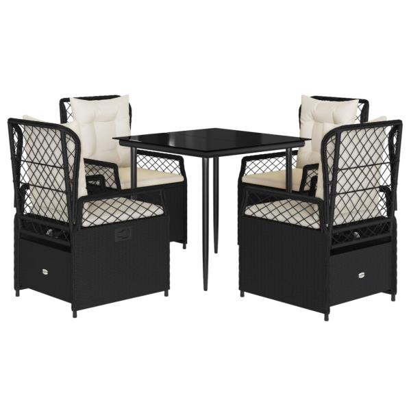 5-tlg. Garten-Essgruppe mit Kissen Schwarz Poly Rattan
