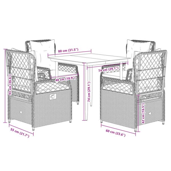5-tlg. Garten-Essgruppe mit Kissen Schwarz Poly Rattan