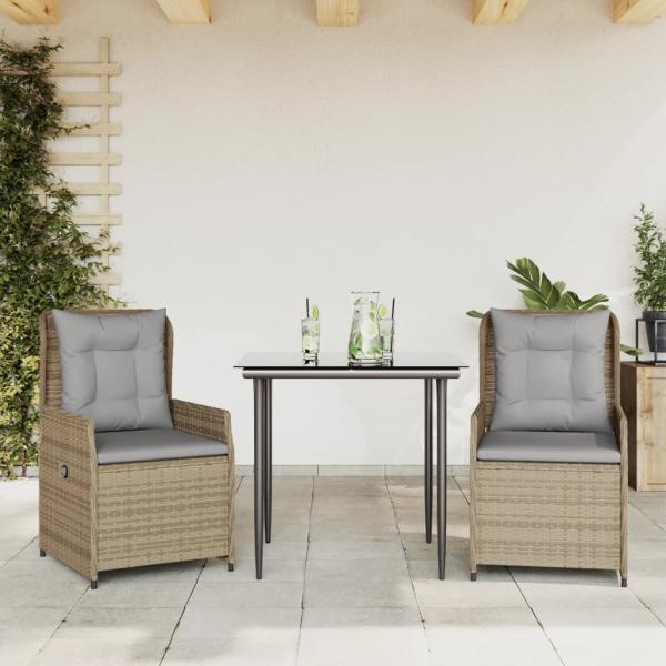 ARDEBO.de - 3-tlg. Garten-Essgruppe mit Kissen Beige Poly Rattan
