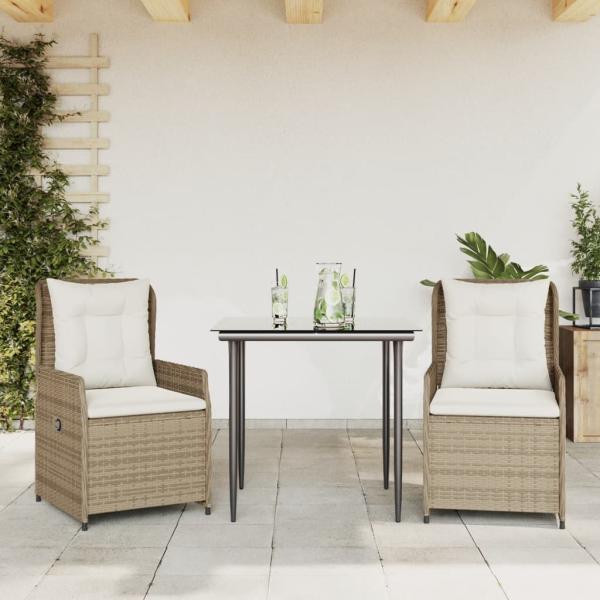 ARDEBO.de - 3-tlg. Garten-Essgruppe mit Kissen Beige Poly Rattan