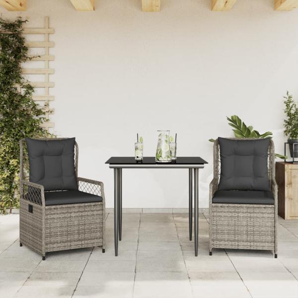 ARDEBO.de - 3-tlg. Garten-Essgruppe mit Kissen Grau Poly Rattan