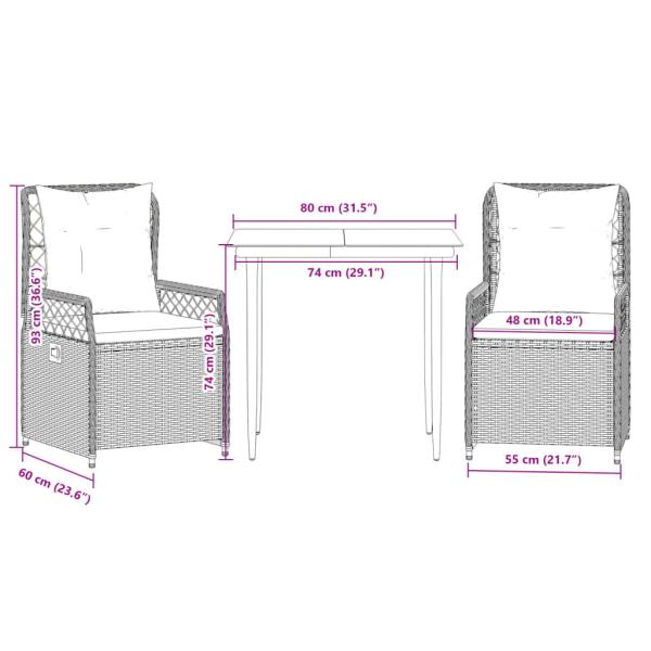 3-tlg. Garten-Essgruppe mit Kissen Grau Poly Rattan