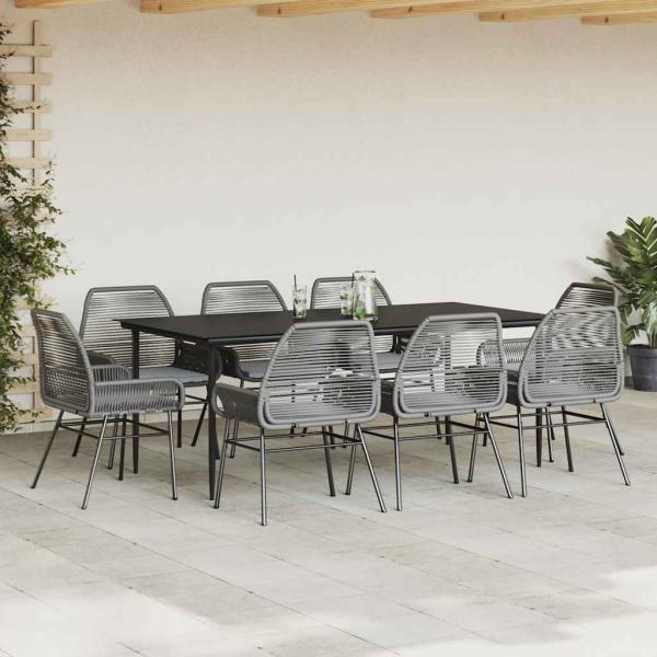 9-tlg. Garten-Essgruppe mit Kissen Grau Poly Rattan Glas