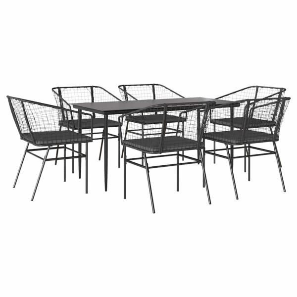7-tlg. Garten-Essgruppe mit Kissen Schwarz Poly Rattan Glas
