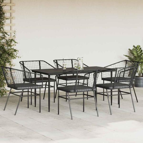 7-tlg. Garten-Essgruppe mit Kissen Schwarz Poly Rattan Glas
