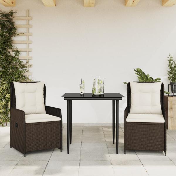 ARDEBO.de - 3-tlg. Garten-Essgruppe mit Kissen Braun Poly Rattan