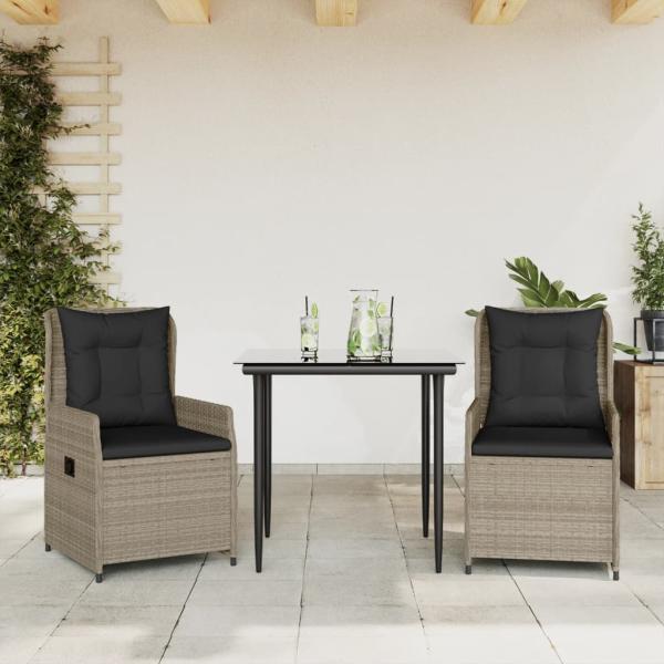 ARDEBO.de - 3-tlg. Garten-Essgruppe mit Kissen Hellgrau Poly Rattan