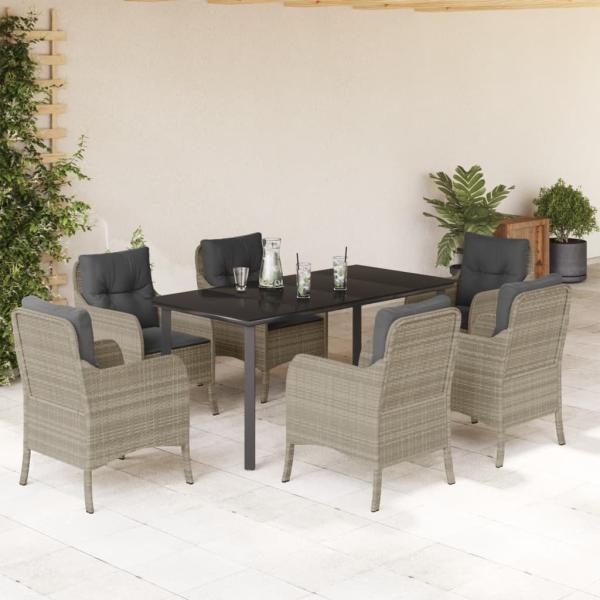 ARDEBO.de - 7-tlg. Garten-Essgruppe mit Kissen Hellgrau Poly Rattan