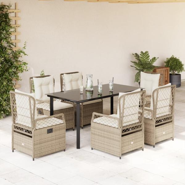 ARDEBO.de - 7-tlg. Garten-Essgruppe mit Kissen Beige Poly Rattan