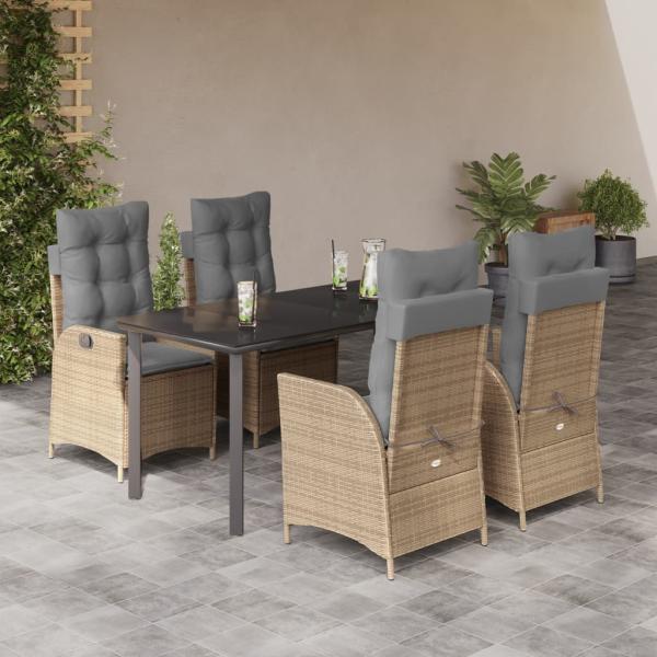 ARDEBO.de - 5-tlg. Garten-Essgruppe mit Kissen Beige Poly Rattan
