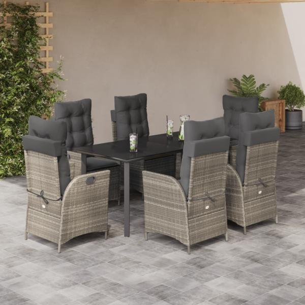 ARDEBO.de - 7-tlg. Garten-Essgruppe mit Kissen Hellgrau Poly Rattan