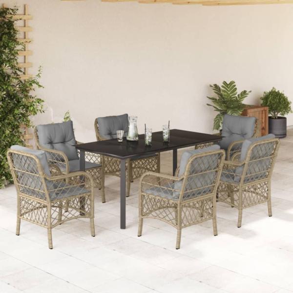 ARDEBO.de - 7-tlg. Garten-Essgruppe mit Kissen Beigemischung Poly Rattan
