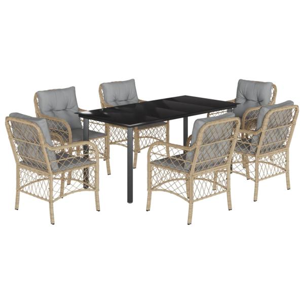 7-tlg. Garten-Essgruppe mit Kissen Beigemischung Poly Rattan