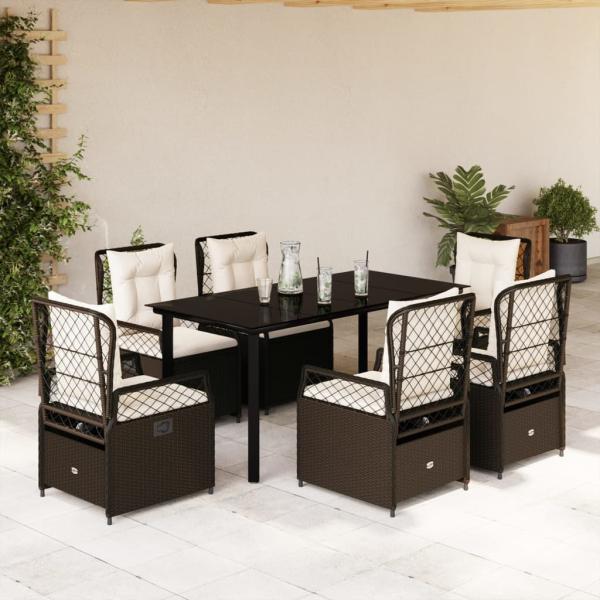 ARDEBO.de - 7-tlg. Garten-Essgruppe mit Kissen Braun Poly Rattan
