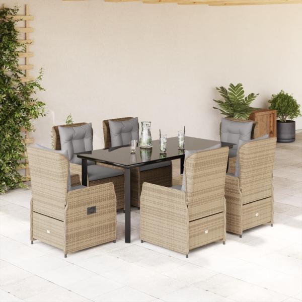 ARDEBO.de - 7-tlg. Garten-Essgruppe mit Kissen Beige Poly Rattan