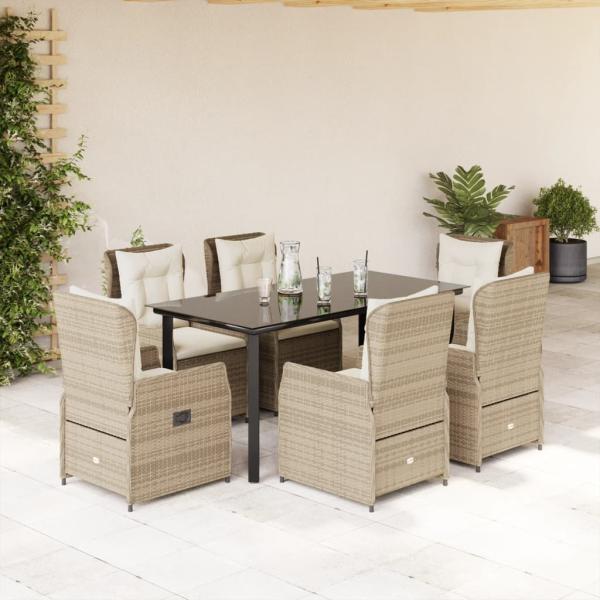 ARDEBO.de - 7-tlg. Garten-Essgruppe mit Kissen Beige Poly Rattan
