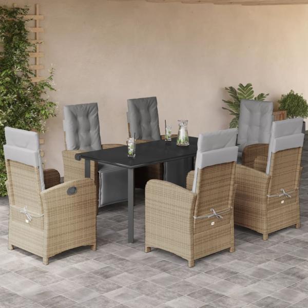 ARDEBO.de - 7-tlg. Garten-Essgruppe mit Kissen Beige Poly Rattan