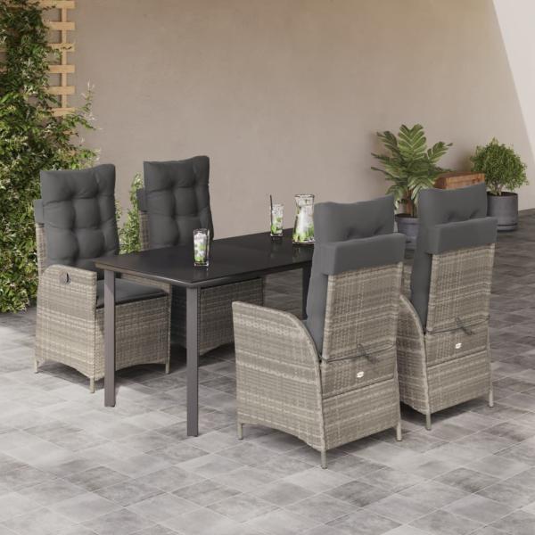 ARDEBO.de - 5-tlg. Garten-Essgruppe mit Kissen Hellgrau Poly Rattan