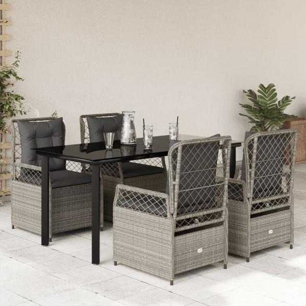 ARDEBO.de - 5-tlg. Garten-Essgruppe mit Kissen Hellgrau Poly Rattan