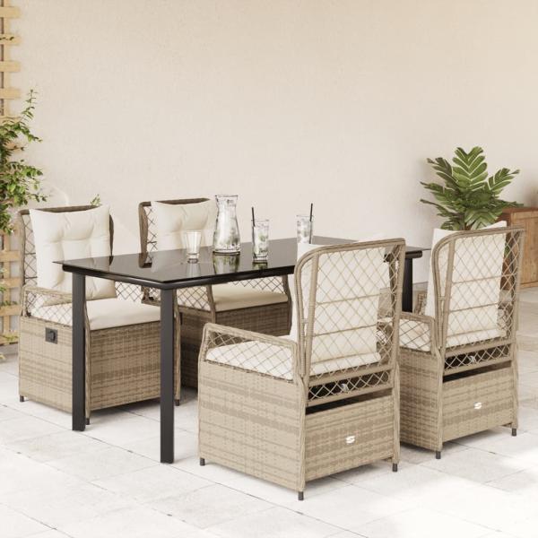 ARDEBO.de - 5-tlg. Garten-Essgruppe mit Kissen Beige Poly Rattan
