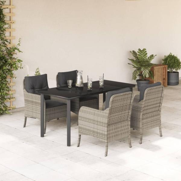 ARDEBO.de - 5-tlg. Garten-Essgruppe mit Kissen Hellgrau Poly Rattan