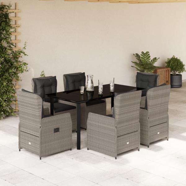 ARDEBO.de - 7-tlg. Garten-Essgruppe mit Kissen Hellgrau Poly Rattan