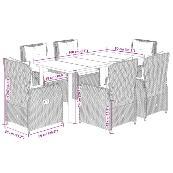 7-tlg. Garten-Essgruppe mit Kissen Hellgrau Poly Rattan