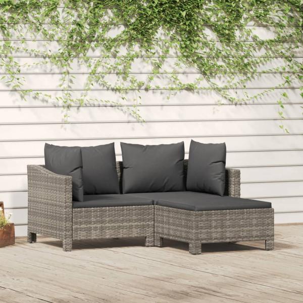 ARDEBO.de - 3-tlg. Garten-Lounge-Set mit Kissen Grau Poly Rattan