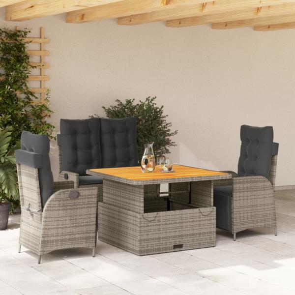 ARDEBO.de - 4-tlg. Garten-Essgruppe mit Kissen Grau Poly Rattan