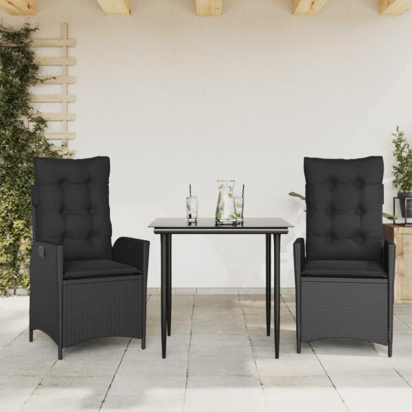 ARDEBO.de - 3-tlg. Garten-Essgruppe mit Kissen Schwarz Poly Rattan