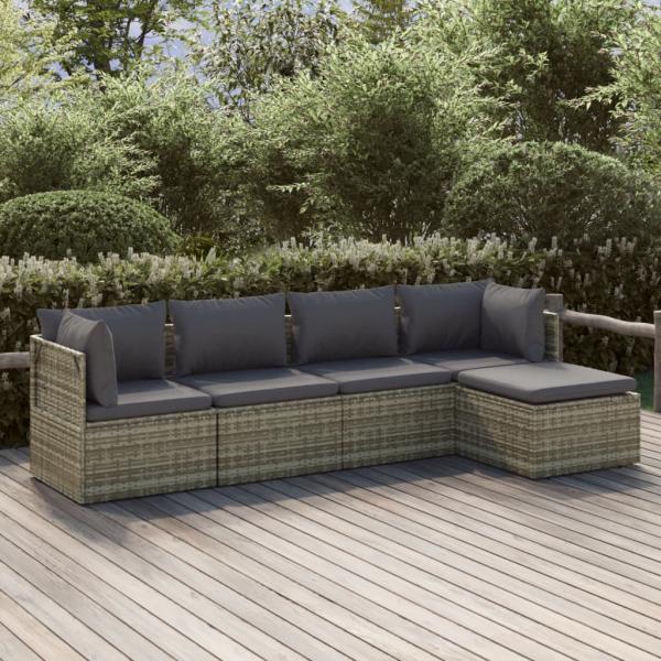 ARDEBO.de - 5-tlg. Garten-Lounge-Set mit Kissen Grau Poly Rattan