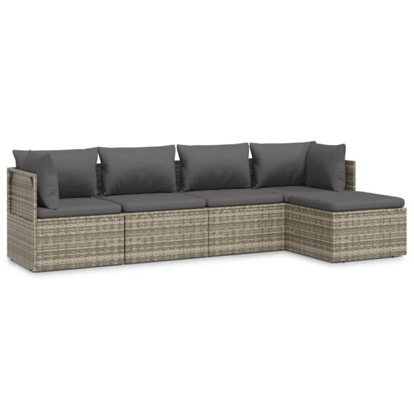 5-tlg. Garten-Lounge-Set mit Kissen Grau Poly Rattan