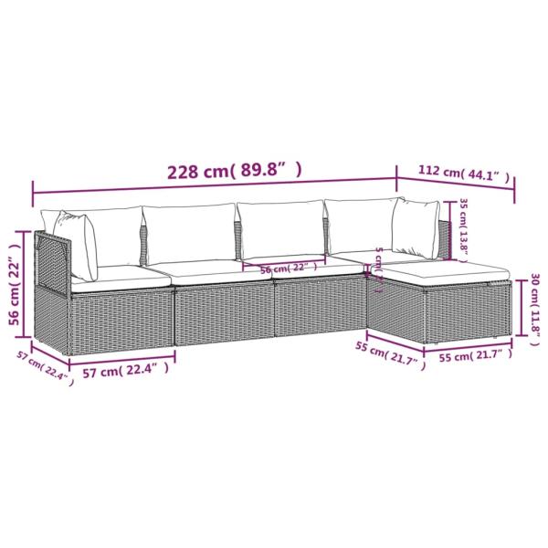 5-tlg. Garten-Lounge-Set mit Kissen Grau Poly Rattan