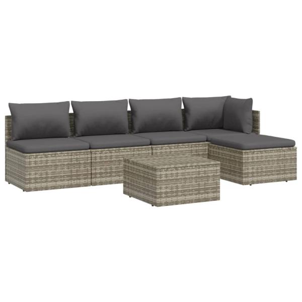6-tlg. Garten-Lounge-Set mit Kissen Grau Poly Rattan