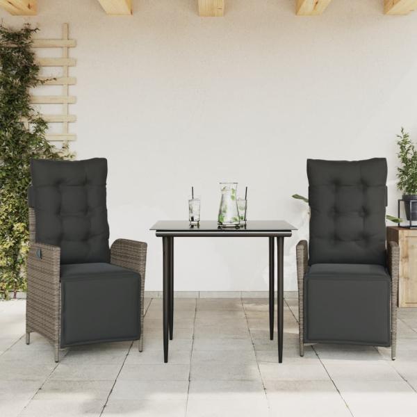 ARDEBO.de - 3-tlg. Garten-Essgruppe mit Kissen Grau Poly Rattan
