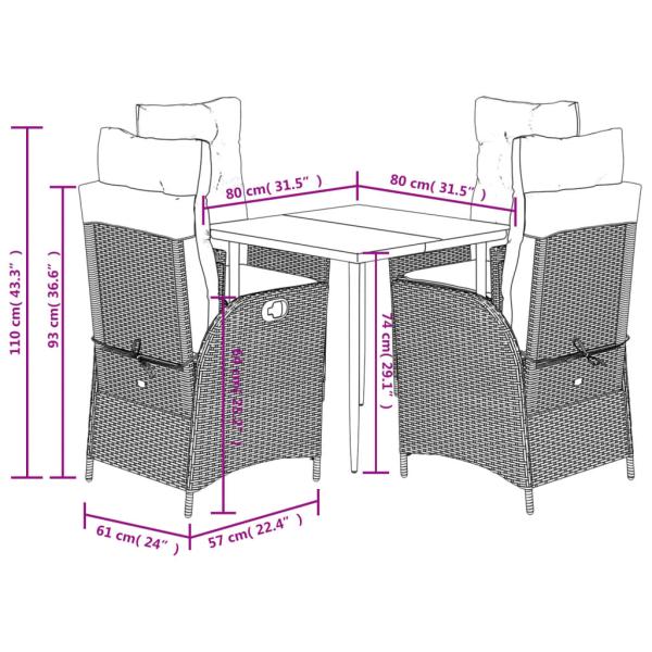 5-tlg. Garten-Essgruppe mit Kissen Grau Poly Rattan