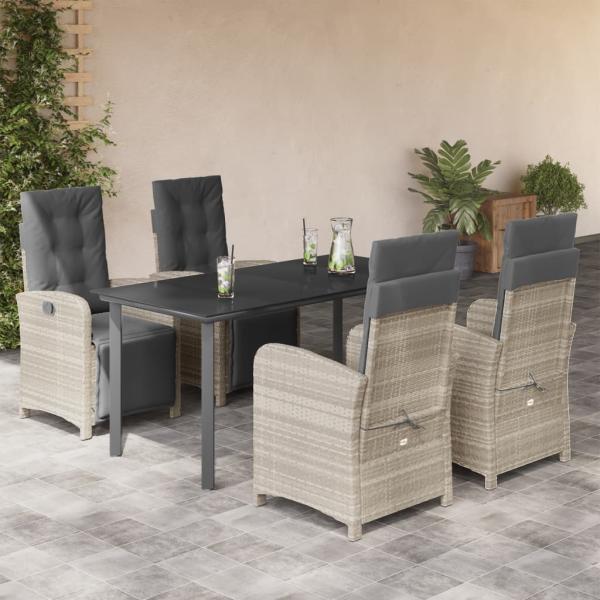 ARDEBO.de - 5-tlg. Garten-Essgruppe mit Kissen Hellgrau Poly Rattan
