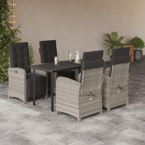 ARDEBO.de - 5-tlg. Garten-Essgruppe mit Kissen Hellgrau Poly Rattan