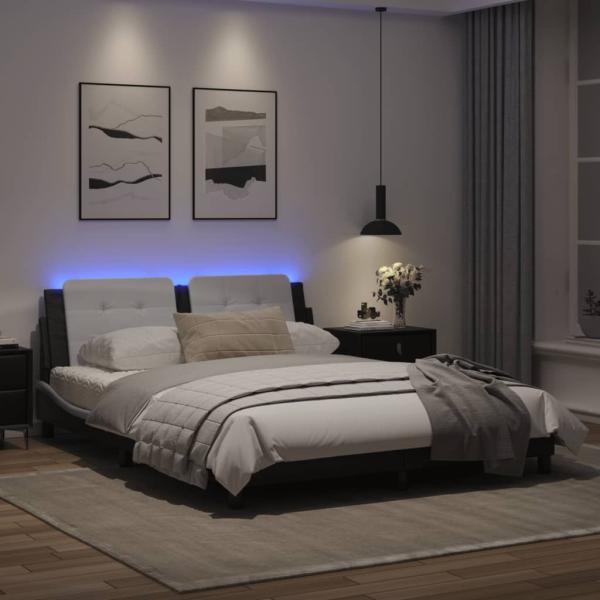 Bettgestell mit LED Weiß und Schwarz 160x200 cm Kunstleder