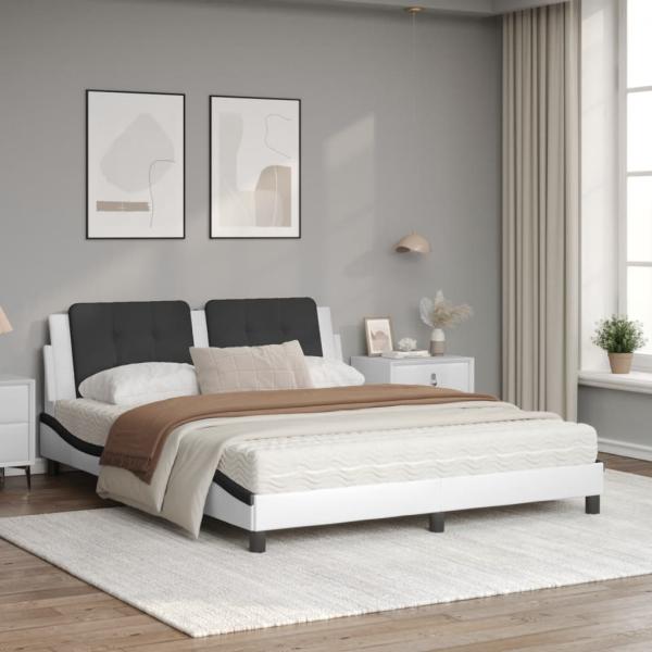 Bett mit Matratze Weiß und Schwarz 160x200 cm Kunstleder