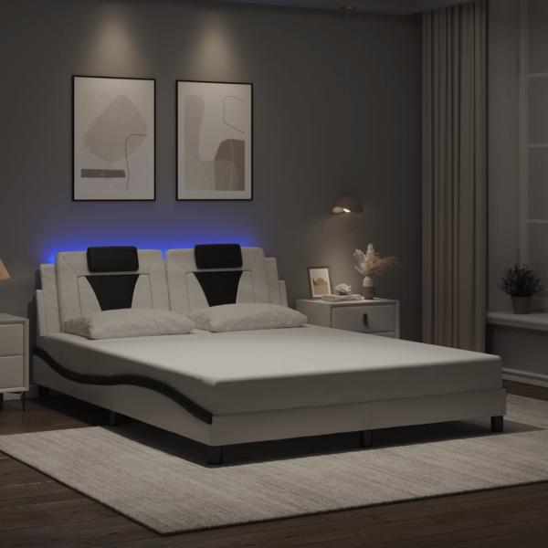 Bettgestell mit LED Weiß und Schwarz 160x200 cm Kunstleder