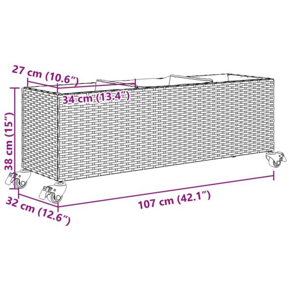 Pflanzkübel mit Rollen 3 Töpfe Grau 107x32x38 cm Poly-Rattan
