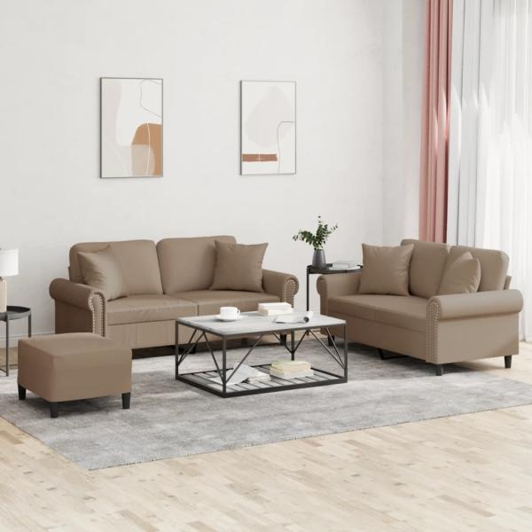 ARDEBO.de - 3-tlg. Sofagarnitur mit Kissen Cappuccino-Braun Kunstleder