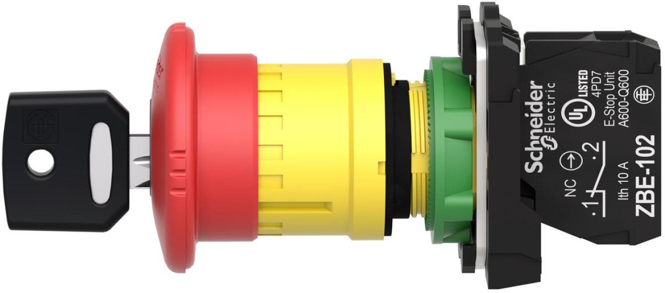 Schneider Electric XB5AS9442 Harmony XB5, Not-Aus/Not-Halt-Schalter, Kunststoff, Schlüsselentriegelung, 22mm, Pilz 40mm, 1Ö, rot