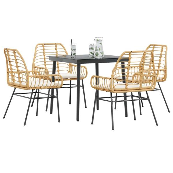ARDEBO.de - 5-tlg. Garten-Essgruppe mit Kissen Braun Poly Rattan Glas