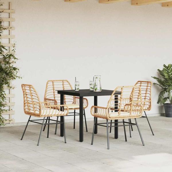 5-tlg. Garten-Essgruppe mit Kissen Braun Poly Rattan Glas