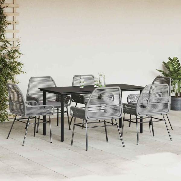 7-tlg. Garten-Essgruppe mit Kissen Grau Poly Rattan Glas