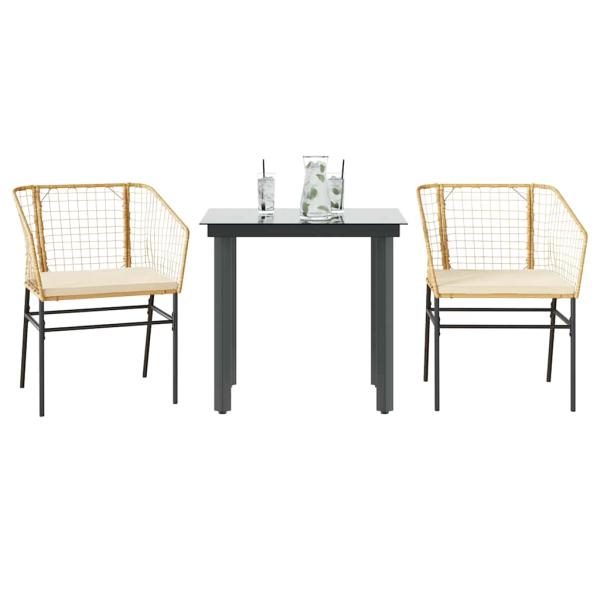 ARDEBO.de - 3-tlg. Garten-Essgruppe mit Kissen Braun Poly Rattan Glas